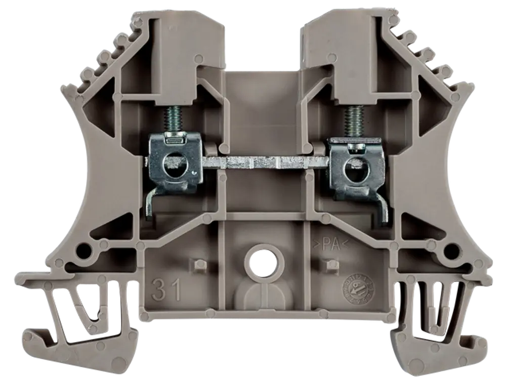 Reihenklemme in beige, sichtbar mit Schraubmechanismus. Produkt von Wolf, geeignet für die elektrische Verbindung in Installationen.
